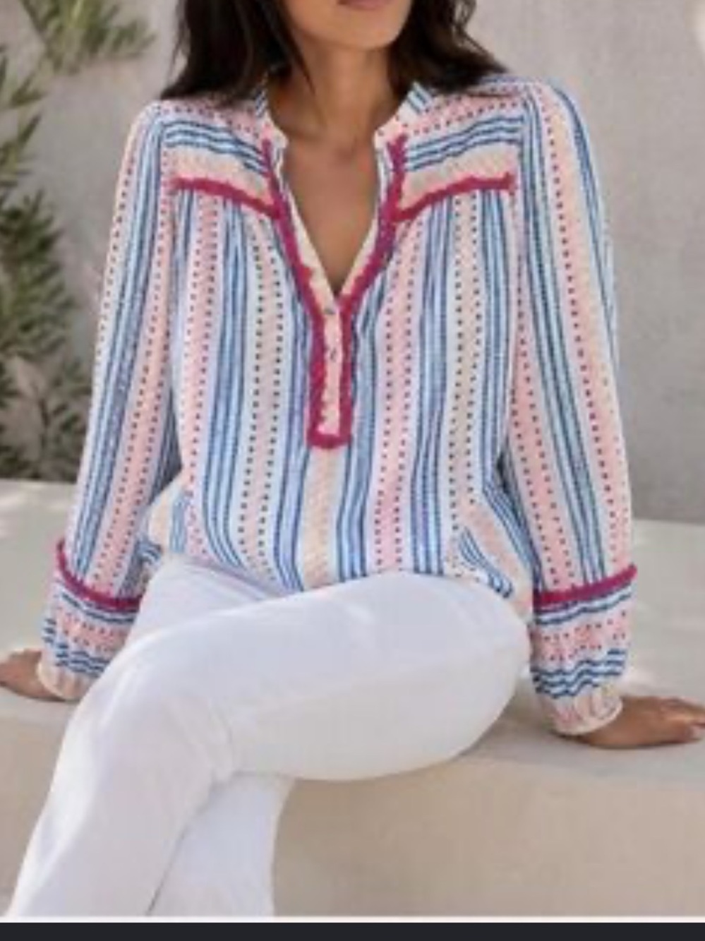 Boden Pink Blue Stripe Top V Neck Long Sleeve Trim polka dot 10 cotton